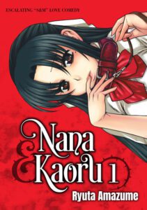 20 Best Spicy Manga of All Time That Will Ruin Your Life (And Where to Read Them) Cover of Nana to Kaoru manga volume 1 by Ryuta Amazume, featuring a schoolgirl holding a ribbon in her mouth against a red background – best spicy manga pick.