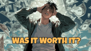Frustrated man surrounded by flying dollar bills with text "Was it worth it?" representing the cost of a spicy manhwa read.