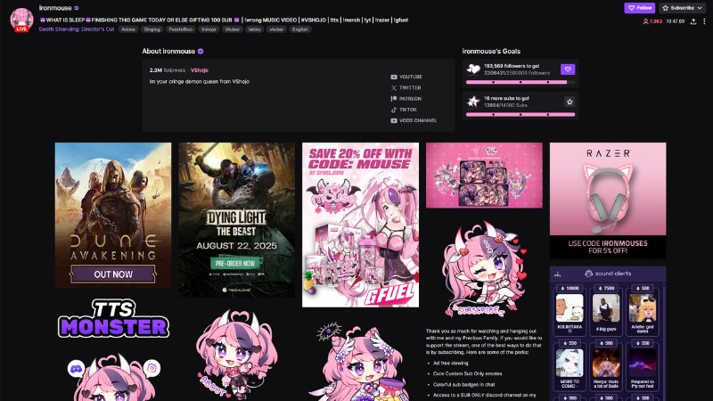 Ironmouse VTuber profile with sexy anime-style branding, part of VShojo, popular on Twitch for anime fans and VTuber lovers