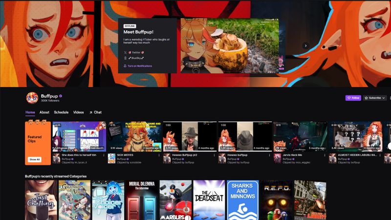 Buffpup VTuber profile on Twitch with sexy anime-inspired design, rising VTuber star in the VShojo universe, known for chaotic and cute streams