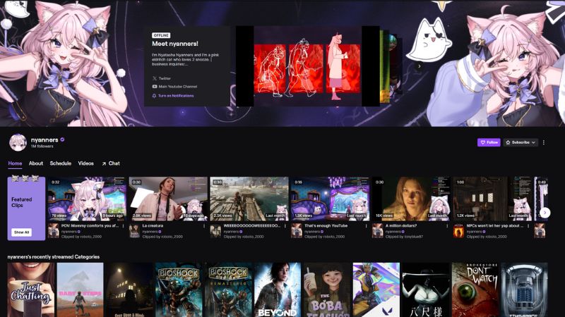 Nyanners VTuber Twitch profile featuring sexy anime catgirl aesthetic, VShojo star with kawaii energy and massive fanbase