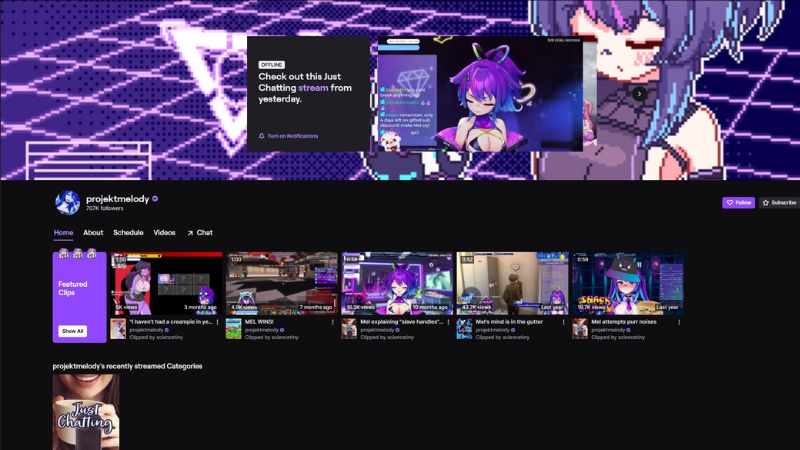 Projekt Melody Twitch profile with sexy anime vtuber aesthetic from VShojo