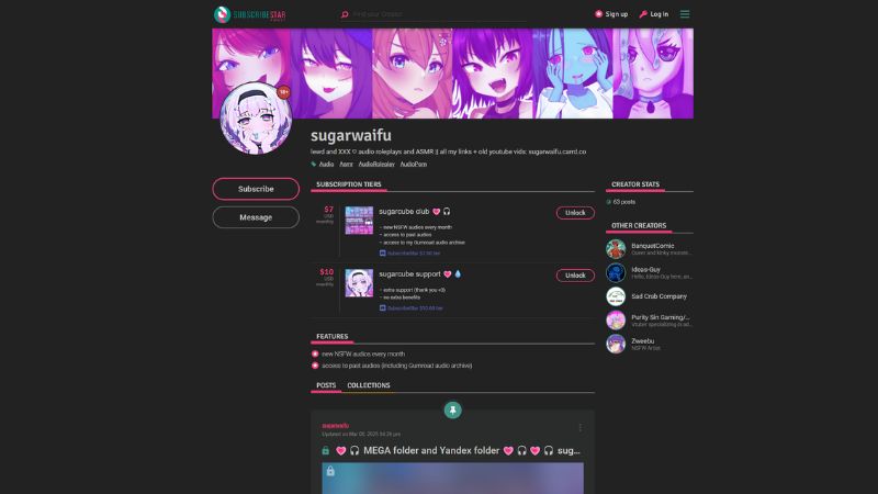 Sugarwaifu profile page on Fansly featuring anime-style ASMR and yandere VTuber content