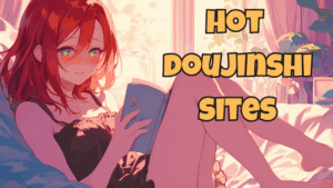 Anime-style girl reading a book with overlaid text "Hot Doujinshi Sites" promoting top doujinshi websites.