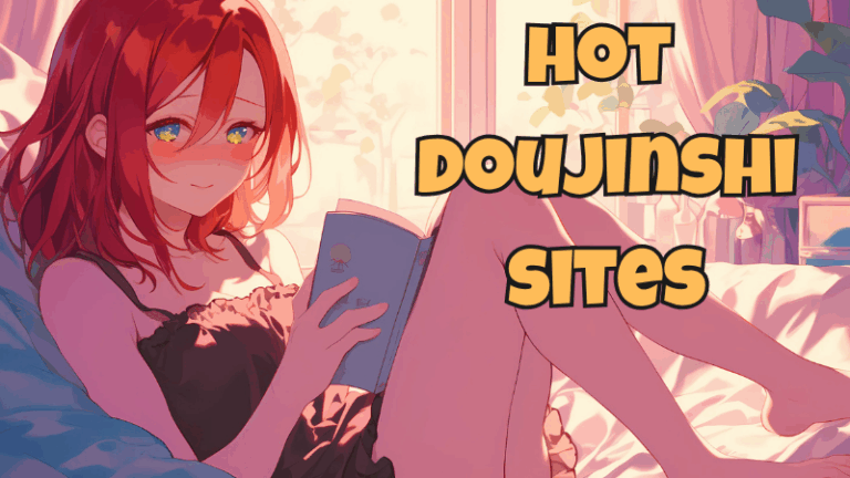 7 Best Doujinshi Websites to Read or Buy Like a True Degenerate Anime-style girl reading a book with overlaid text "Hot Doujinshi Sites" promoting top doujinshi websites.