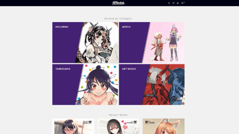 Browse doujinshi, tankoubon, merch, and art books from Japan – HMarket homepage thumbnails.