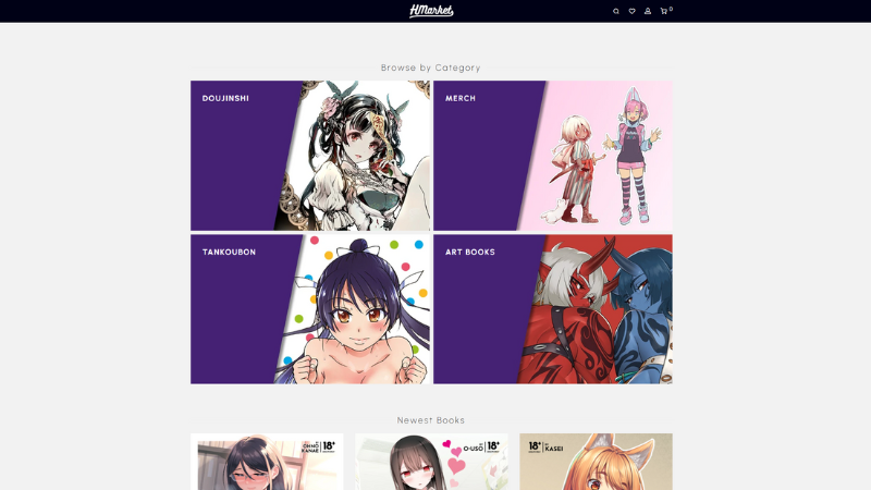 Browse doujinshi, tankoubon, merch, and art books from Japan – HMarket homepage thumbnails.
