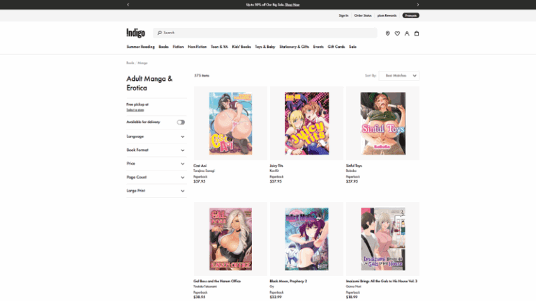 Indigo Bookstore online catalog showing adult manga and erotic comics for sale, including hentai titles and spicy manga you can buy in physical copies.