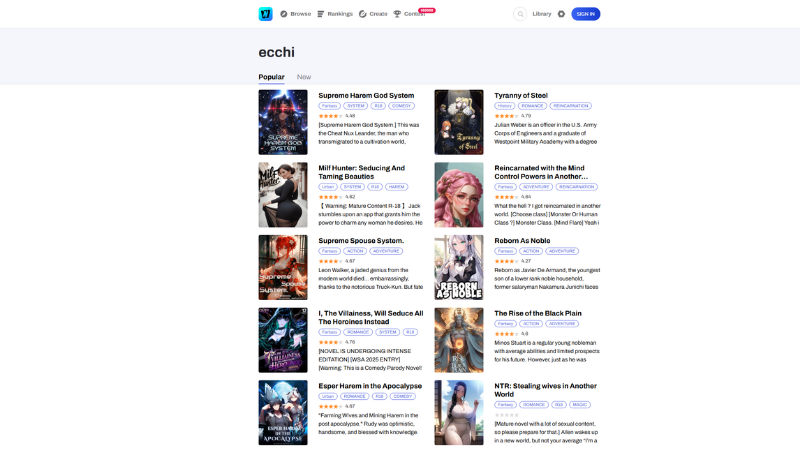 Webnovel ecchi section showing erotic light novels and spicy manga titles with sexy covers and adult fantasy stories for men.