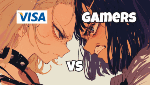 Anime-style face-off between two women labeled VISA and Gamers, symbolizing backlash over VISA censoring adult games