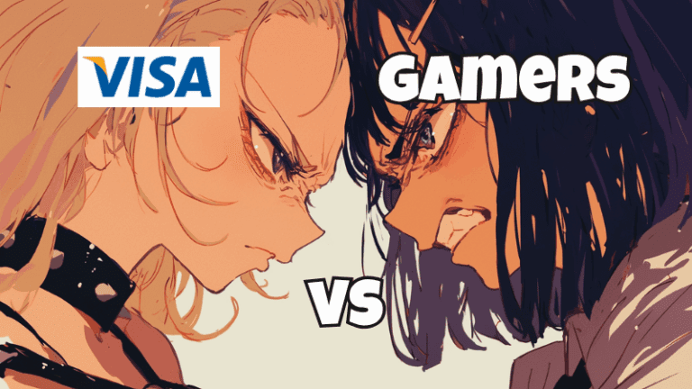 Anime-style face-off between two women labeled VISA and Gamers, symbolizing backlash over VISA censoring adult games