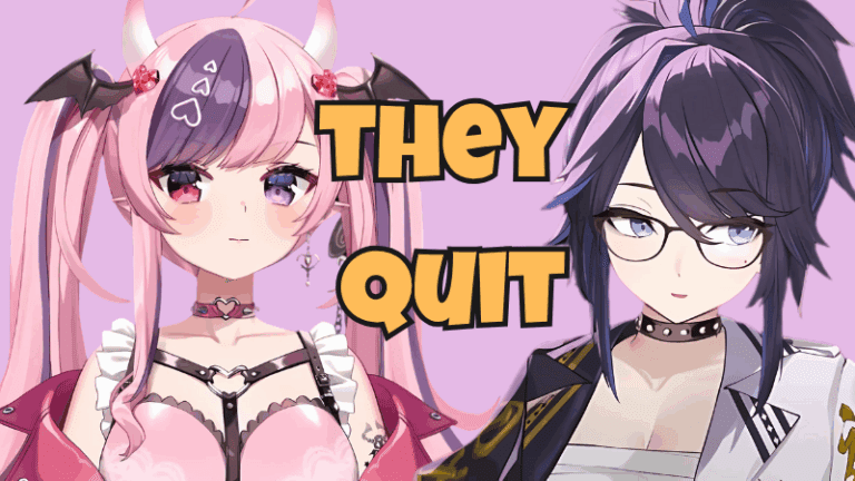 Anime-style vtuber Ironmouse with pink hair and demon horns next to another female vtuber, with bold text "They Quit" referencing VShojo drama and Ironmouse departure for the Why did ironmouse leave VShojo scandal
