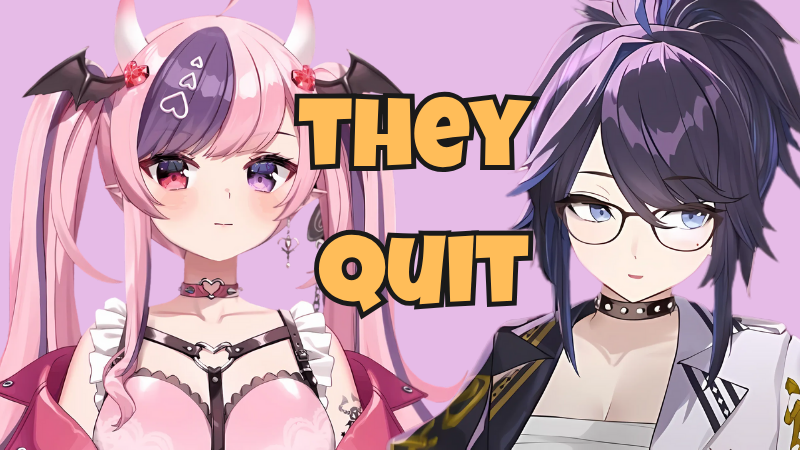 Anime-style vtuber Ironmouse with pink hair and demon horns next to another female vtuber, with bold text "They Quit" referencing VShojo drama and Ironmouse departure for the Why did ironmouse leave VShojo scandal