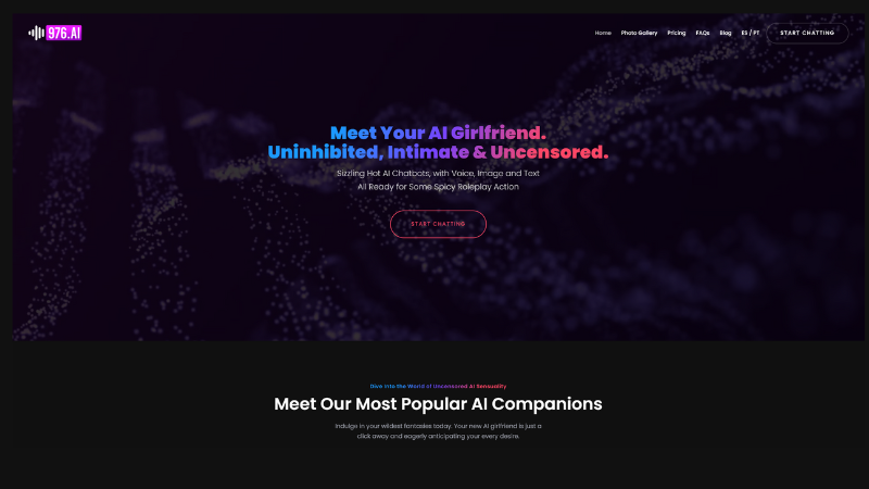 Screenshot of 976.ai homepage featuring a seductive message inviting users to meet their uncensored AI girlfriend, with a dark futuristic design and a call-to-action button.