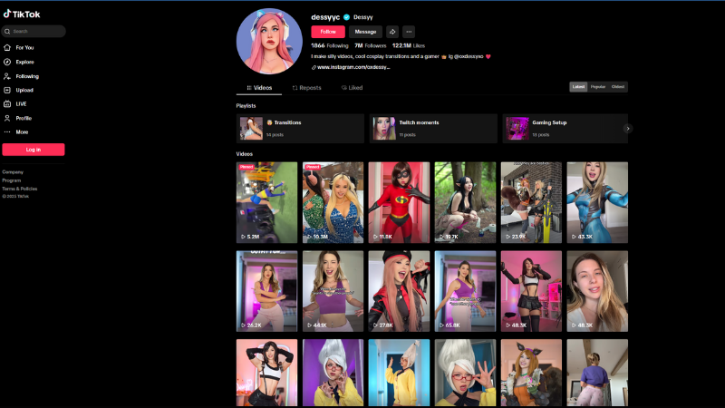TikTok profile page of Dessyy (@dessyyc), featuring a grid of sexy cosplay videos and profile image of a pink-haired woman in costume