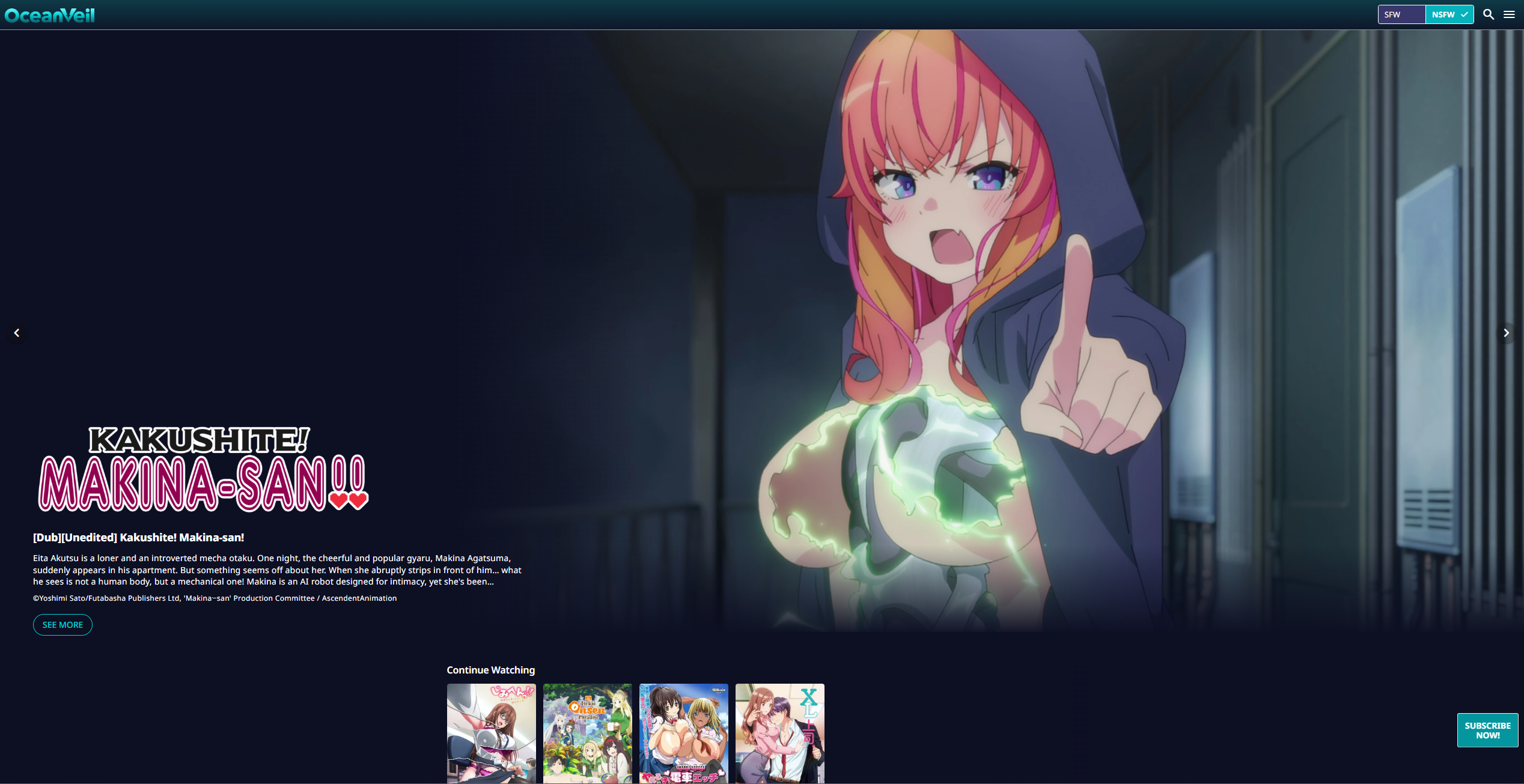 OceanVeil home screen showing Kakushite Makina-san hentai anime with busty gyaru character pointing, watch hentai videos and adult animation online now.