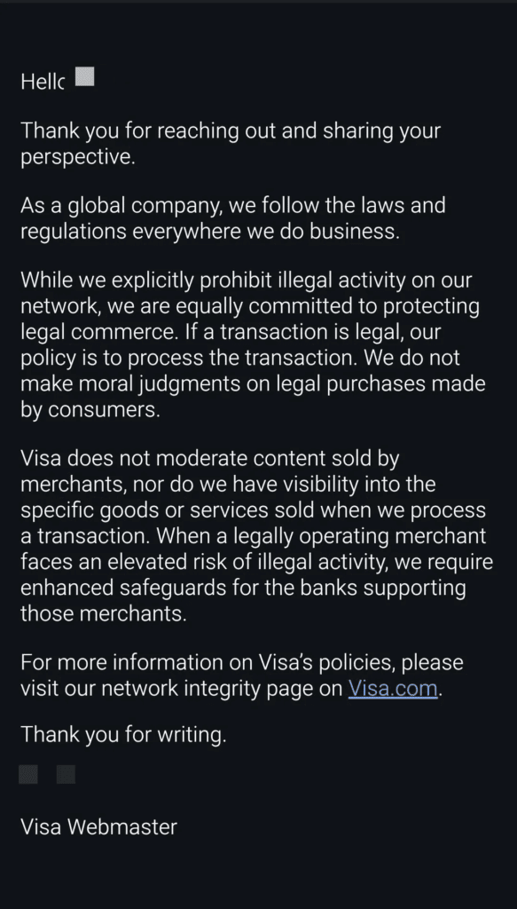 Gamers Against Visa Censoring Games: The Community’s Response Visa email response to gamers against visa censoring games