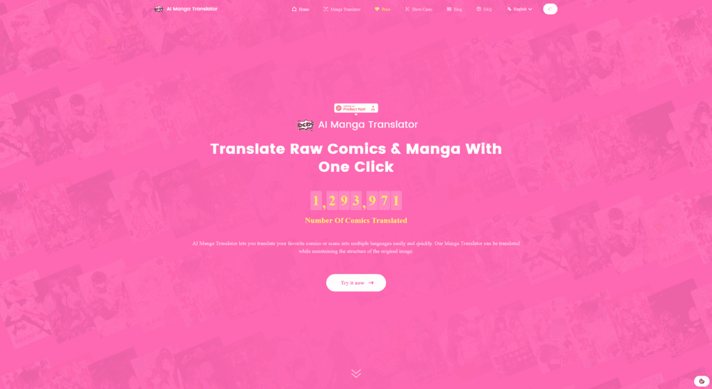 AI Manga Translator website screenshot displaying the online manga translation interface.