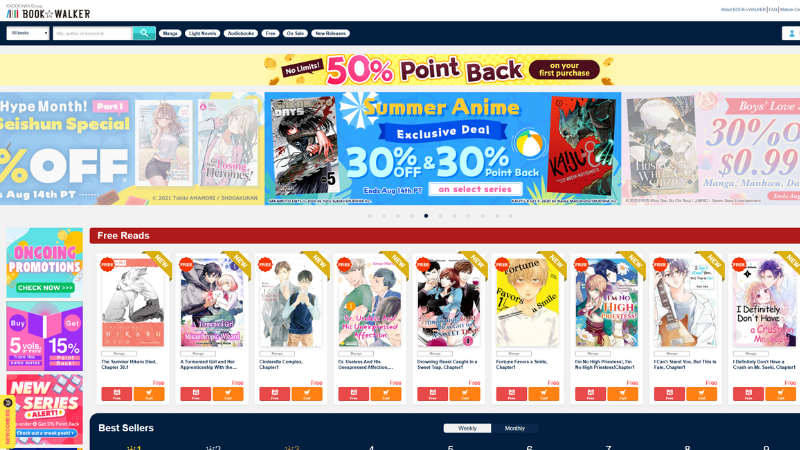 Book Walker homepage showcasing thousands of legal manga titles from Japan in English, translated with quality for online reading