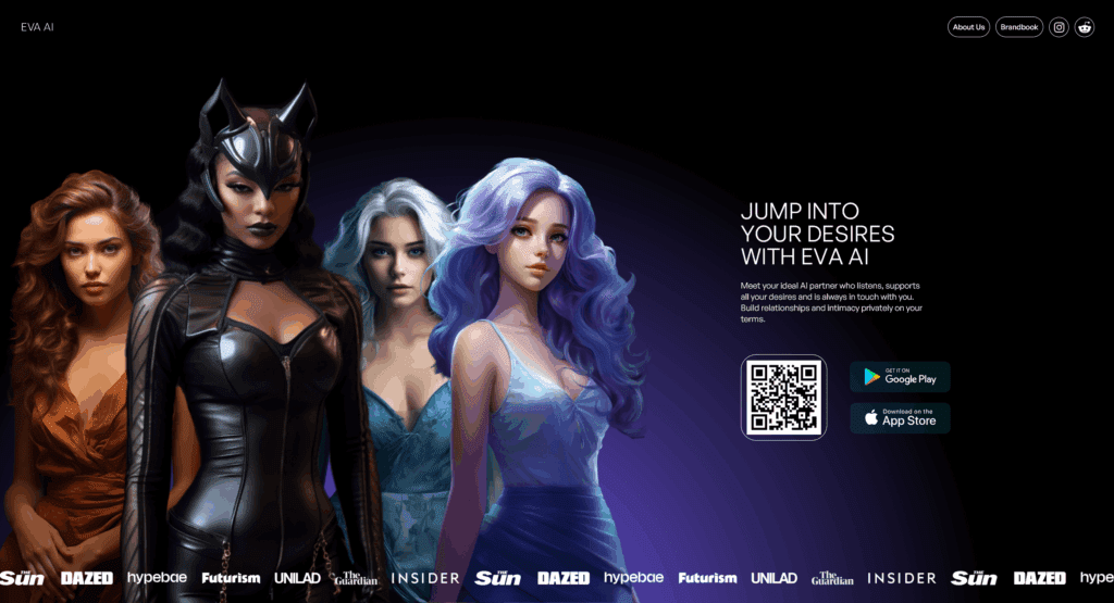 Home page screenshot of the EVA AI app, displaying various AI girlfriend avatars and prominent download buttons for Google Play and Apple App Store.