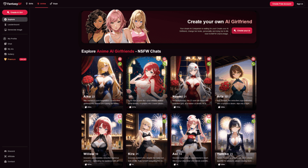 FantasyGF home page featuring anime girl avatars for NSFW AI chats and spicy anime girlfriend interactions