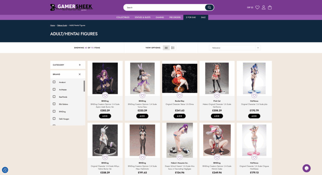 Gamersheek homepage featuring rare adult hentai figures, 18+ figures, and uncensored Japanese hentai merch for weeb collectors buying directly from Japan