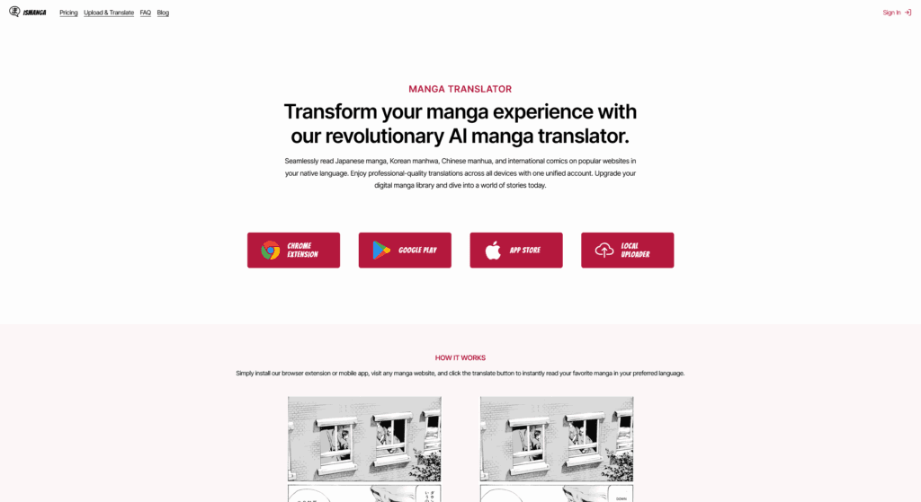 Ismanga platform displaying Japanese manga, Korean manhwa, Chinese manhua in English or native language with AI translation and download options