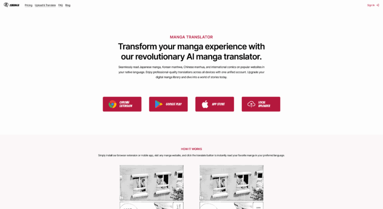 Ismanga platform displaying Japanese manga, Korean manhwa, Chinese manhua in English or native language with AI translation and download options