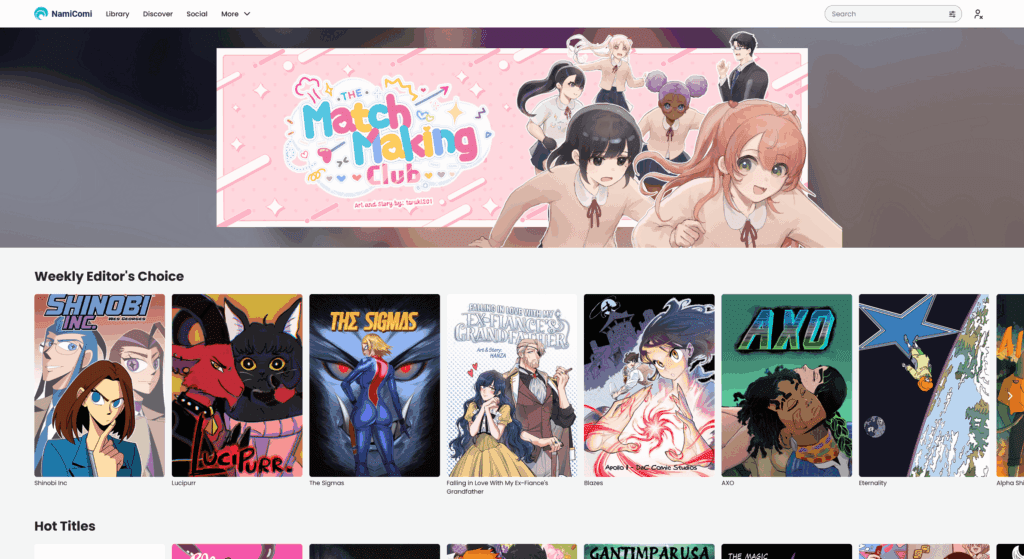 NaMiComi website screenshot displaying a selection of manga, manhwa, amerimanga and indie comics available for reading.