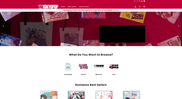 Tokyopop homepage featuring romance manga, spicy manga, GL stories, and options to buy physical books or ebooks for online reading