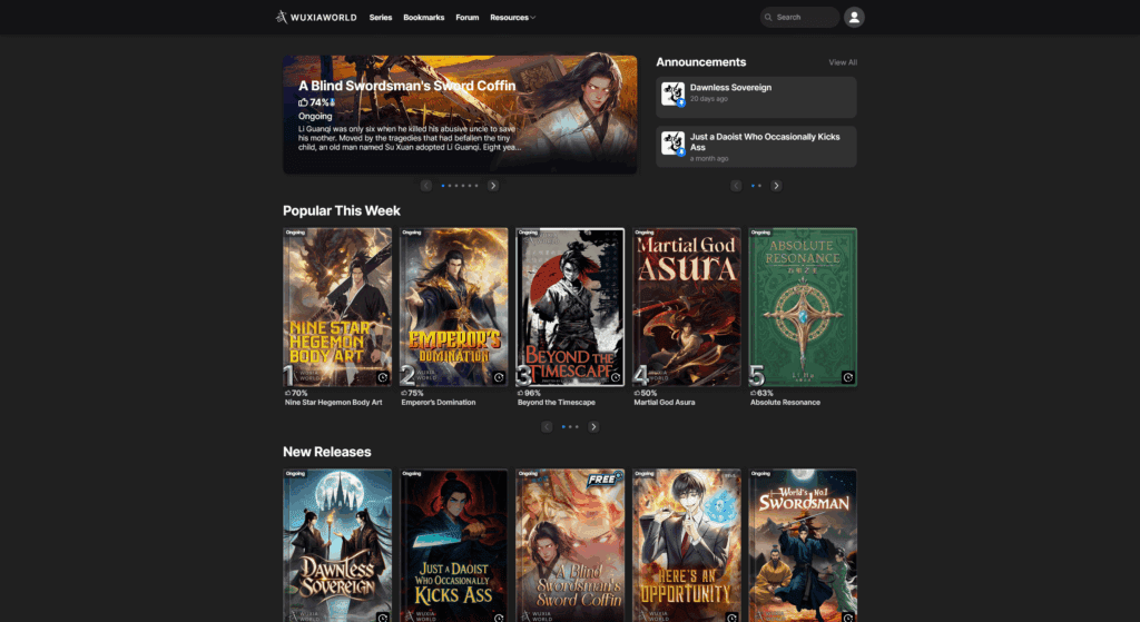 WuxiaWorld website screenshot displaying a selection of Chinese manhua and web novels available for online reading.