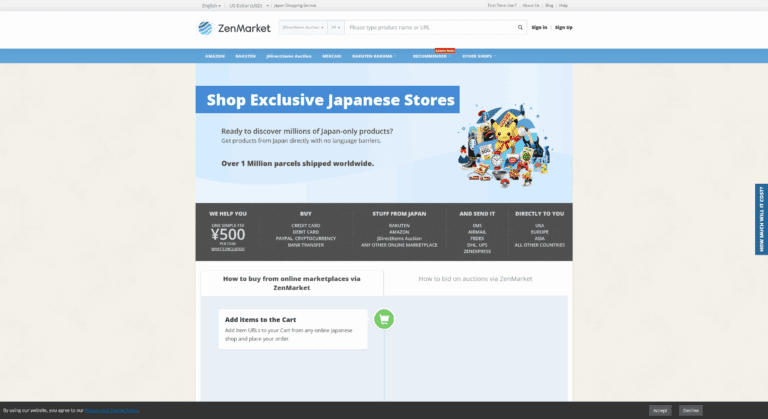 ZenMarket proxy service homepage featuring adult goods from Japan, ship to US/Europe, buy from Japan, and deliver NSFW products globally