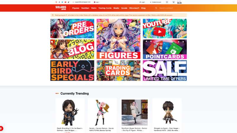 Solaris Japan e‑commerce store front displaying a display of bishojo figures, trading cards, anime merchandise, and gaming accessories, all showcased on a clean, modern website layout.