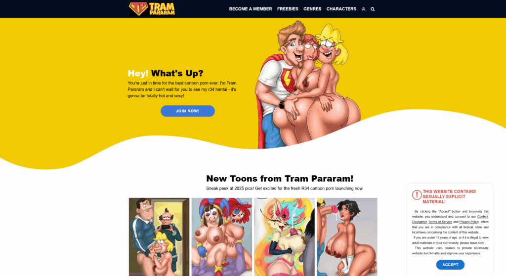 Tram Pararam High‑contrast thumbnail of Tram Paragram’s homepage featuring a collage of adult‑themed cartoon characters from Hazbin Hotel, X‑Men, and Family Guy, surrounded by bold “Free” and “Explicit” text overlay.