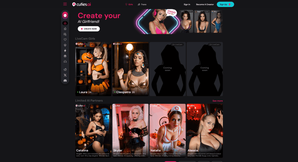 Cuties AI website interface displaying a “Create Your AI Girlfriend” page with selectable AI girl profiles, photos, and bios for realistic AI partners and live‑cam AI girls.