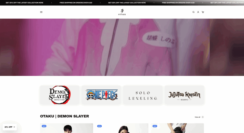 Otaku Lamps website displaying discounted anime apparel—hoodies, t‑shirts, and jackets featuring Demon Slayer, Kimetsu no Yaiba, One Piece, Solo Leveling, and Jujutsu Kaisen characters's inspired apparel.