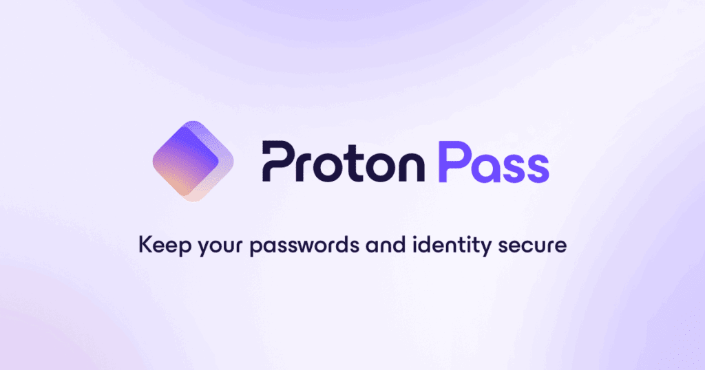 Proton Pass logo with stylized key symbol and the words “keep your passwords and identity secure” displayed prominently.