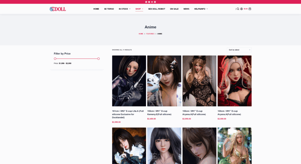 Sedoll website displaying anime sex dolls with varied cup sizes, body types, faces, and themes such as fantasy, elf, and dark characters