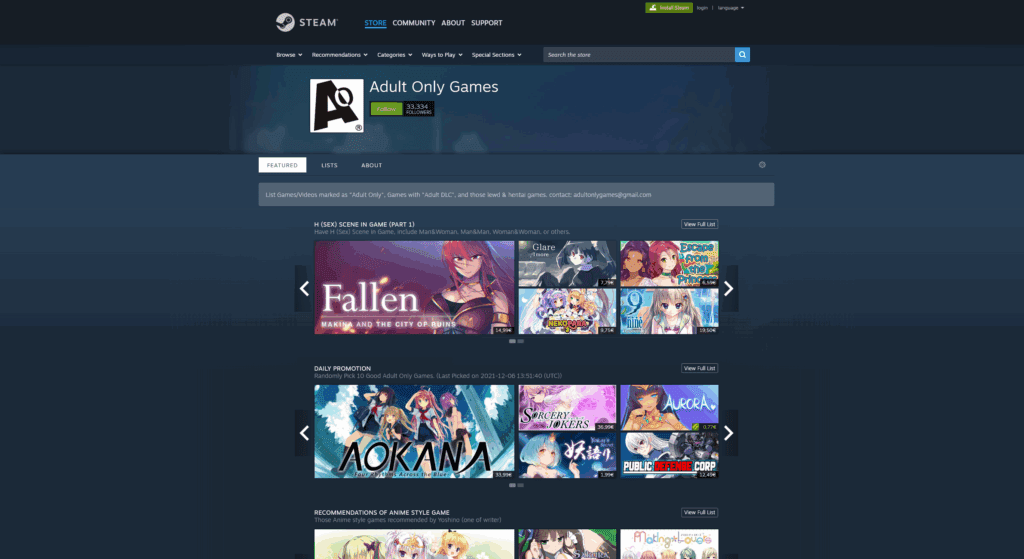 Steam interface displaying a curated list of adult only games, featuring NSFW titles like hentai, erotica, and adult adventures highlighted with discreet icons and filter tags.