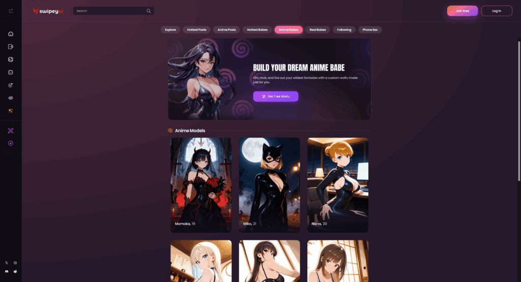 Anime AI girls on Swipey AI chat interface, showing playful AI waifus with a chat button and a lively background of animated anime girls