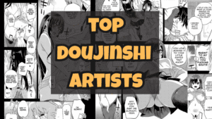 Top doujinshi artists banner featuring Asanagi explicit doujin art with bold typography overlay