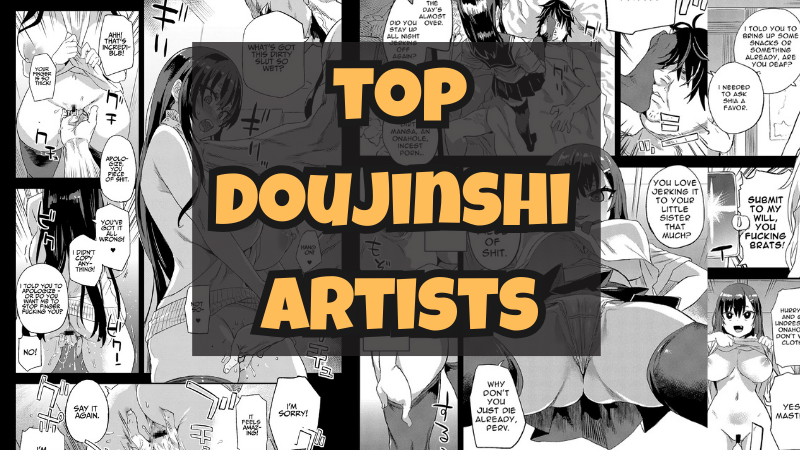 Top doujinshi artists banner featuring Asanagi explicit doujin art with bold typography overlay