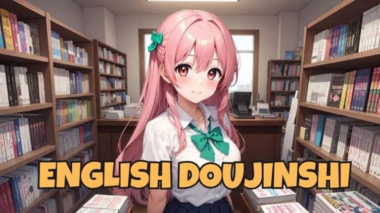Anime girl character in library with shelves of manga and doujinshi books representing where to buy doujinshi in English online