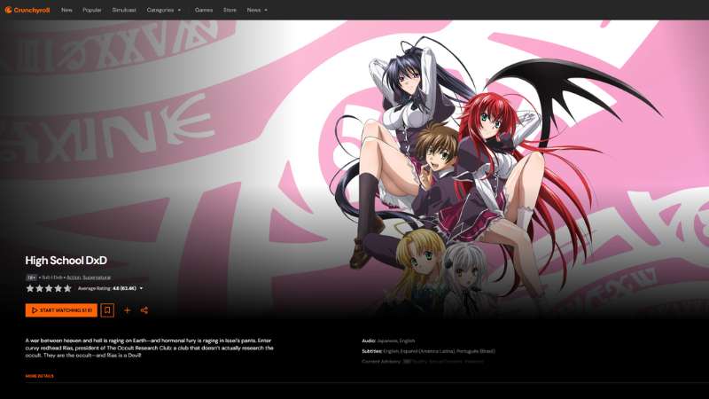 The Best Sites To Watch Hentai Anime High School DxD streaming on Crunchyroll - hentai anime platform interface screenshot