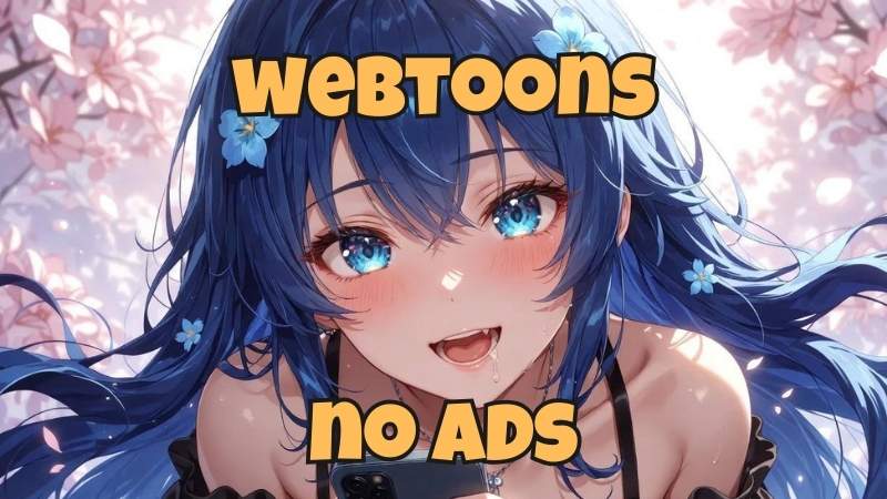 Where to read webtoons without ads - anime girl with blue hair promoting ad-free webtoon reading platforms