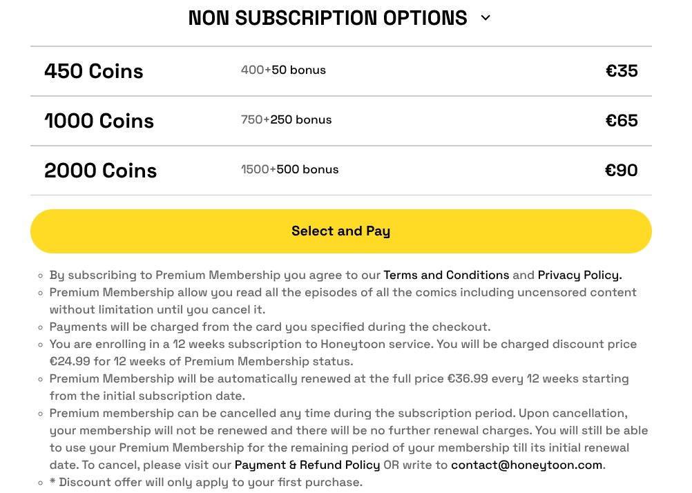 HoneyToon non subscription options