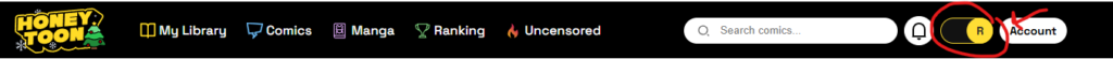A screenshot of the HoneyToon app showing the R toggle in the top right corner of the header. Enable this toggle to unlock uncensored comics and read explicit webtoons without ads